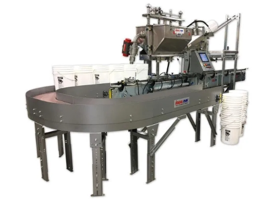 2-Head In-line Automatic Net Weight Pail Filling & Closing Machine for 1/2 Pint to Pails with DFS Fill Cart Dual-head pail filling system