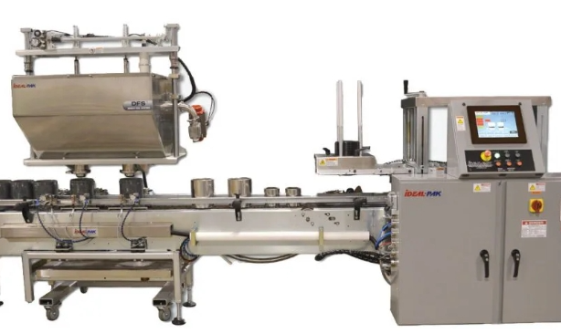 2-Head In-line Automatic Net Weight Pail Filling & Closing Machine for 1/2 Pint to Pails with DFS Fill Cart Dual-head pail filling system