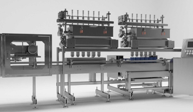 6 – Head Automatic Net Weight Filling & Closing Machine with Lateral Container Transfer for faster cycle times – 1/2 Pint to Gallon Containers. Multi-head net weight filler